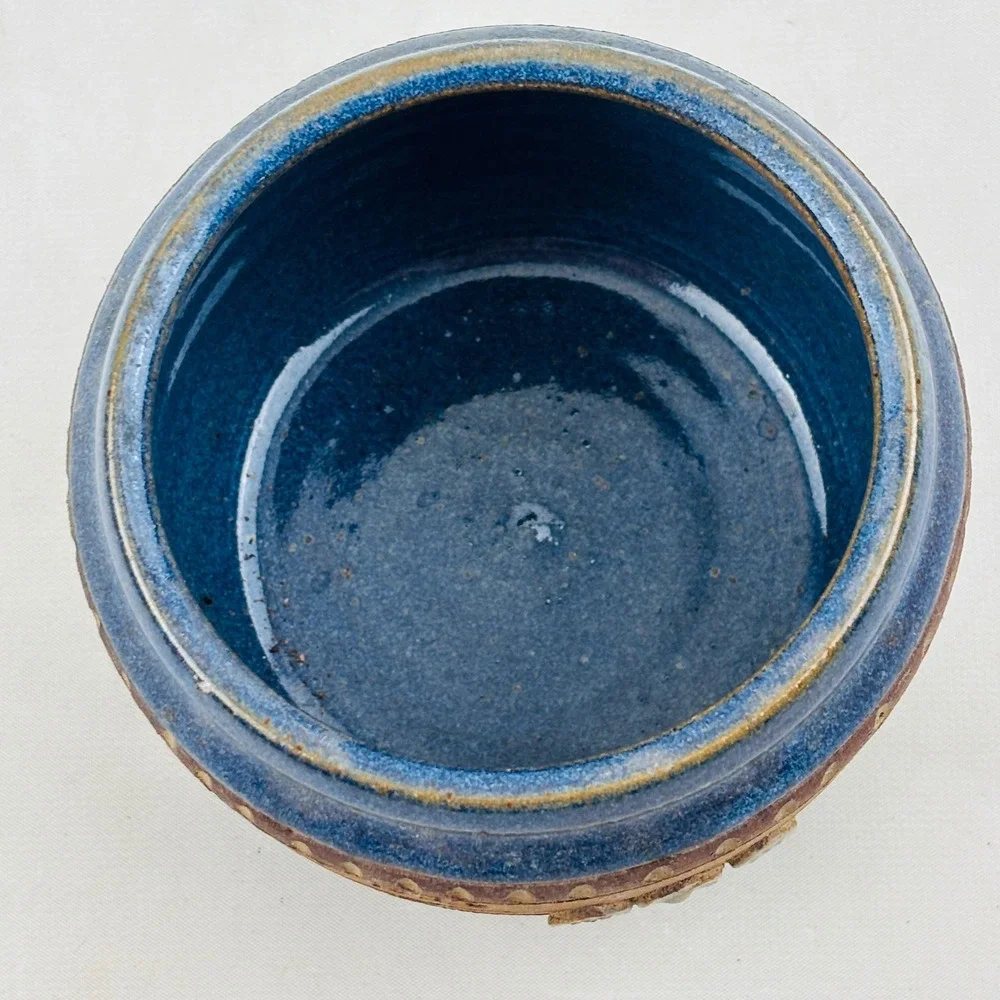 Down to Earth Pottery‎ Blue Brown Jar Cork Lid With God All Things Are Possible